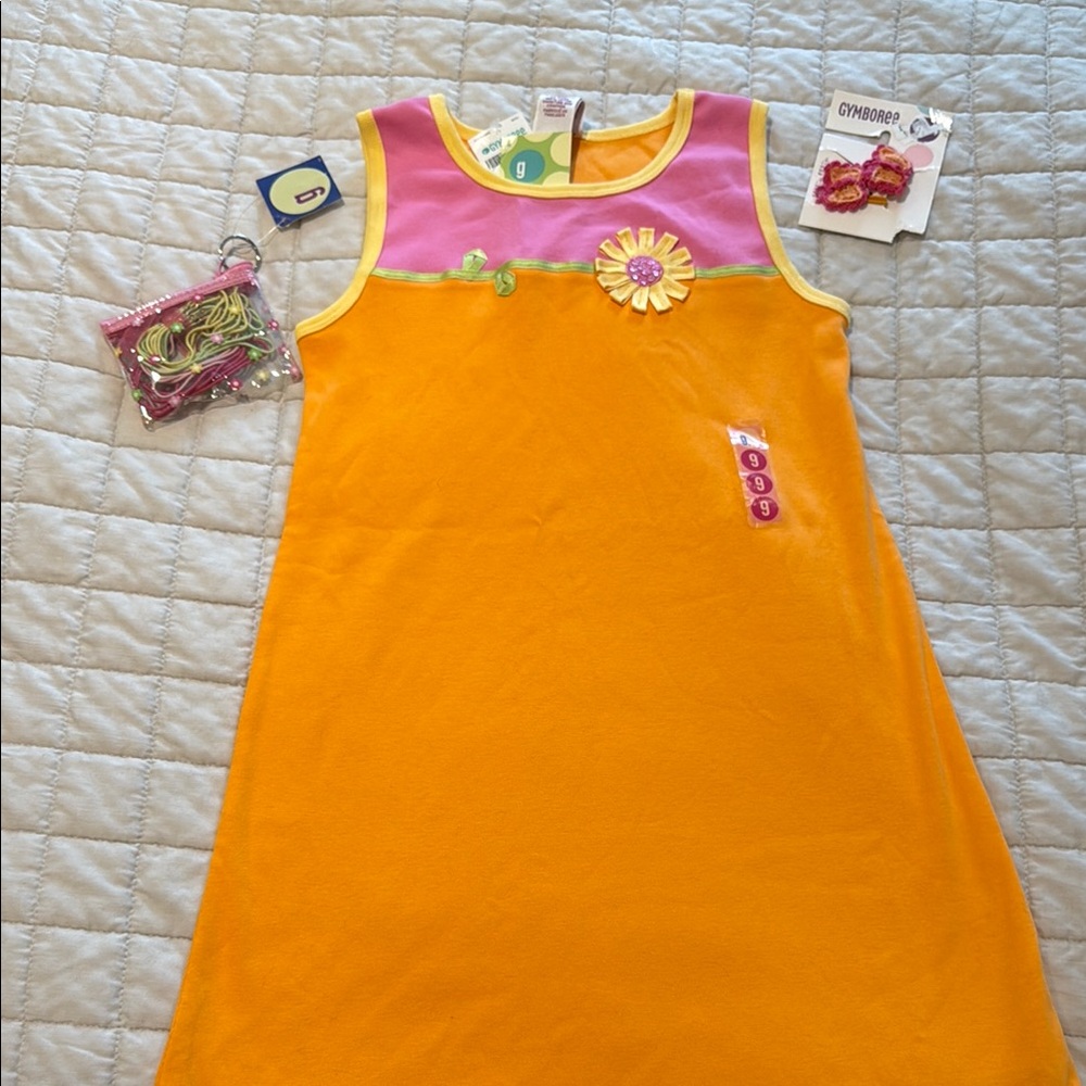 NWT Vintage Gymboree Pink Orange Dress Emb Flower 7-9 + Hair Ties + Socks Set